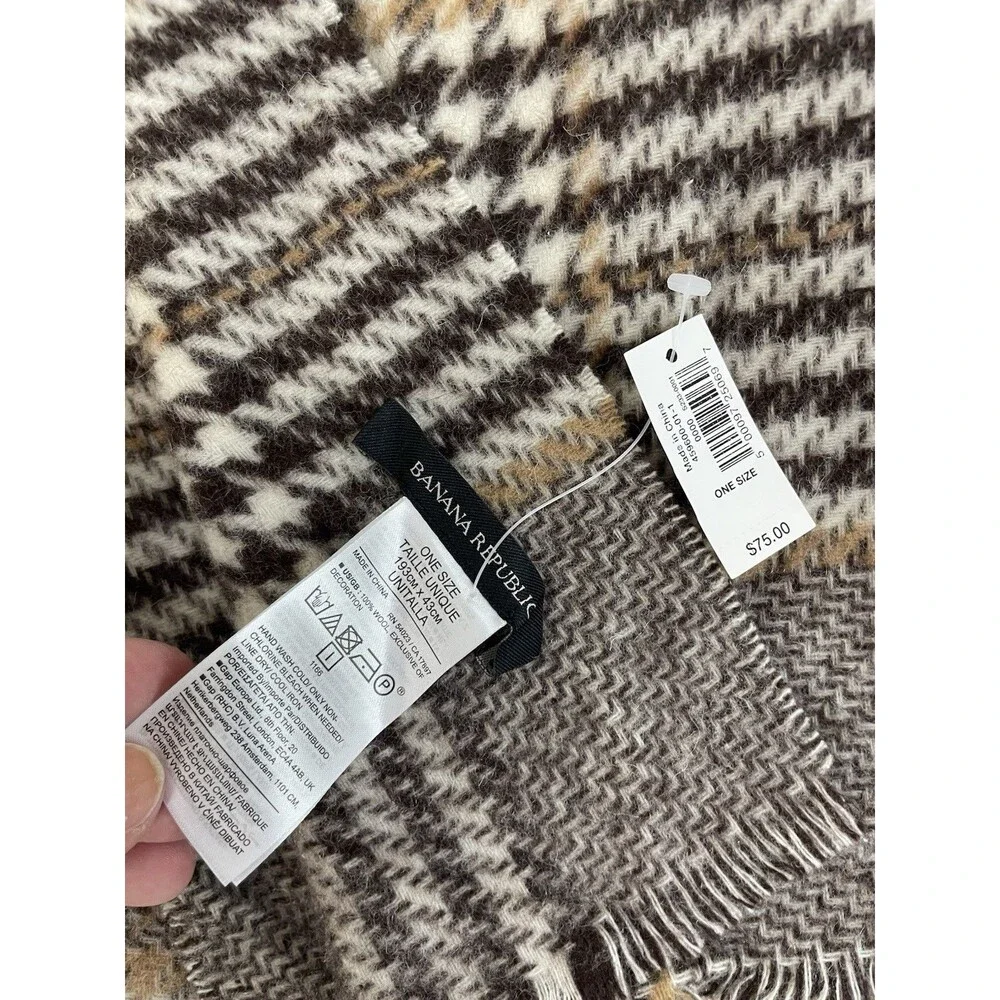 Banana Republic Mens 100% Wool Houndstooth & Plaid Scarf Brown Tan Cream NWT $75